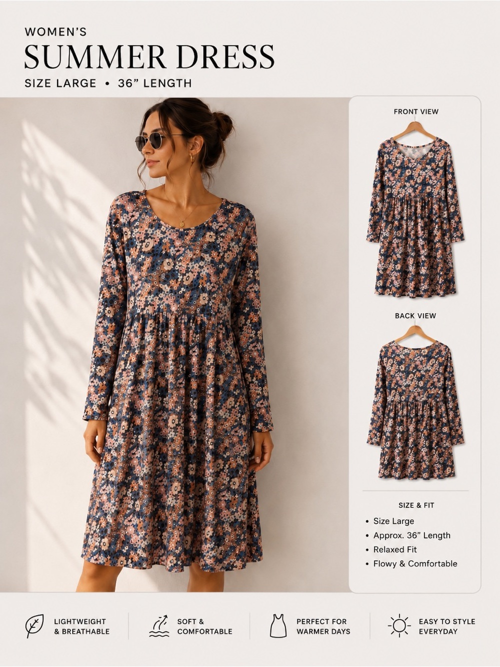 Floral Long-Sleeve Summer Dress in Navy and Pink Size L